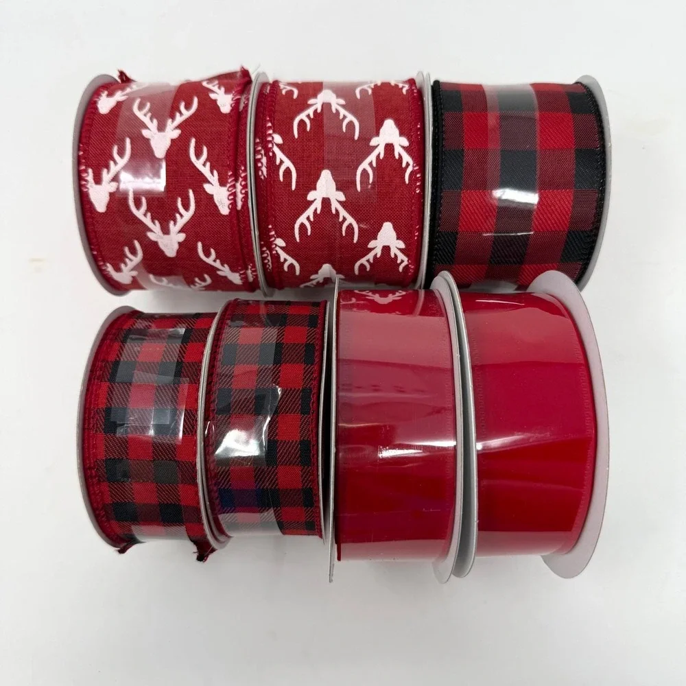 Assorted‎ Wired Christmas Ribbon 7 Spools Reindeer Plaid Red 70 yards 1.5-2.5in